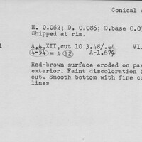 Index card with typed and handwritten information, sometimes including a sketch, of pottery from an excavation.