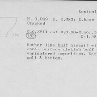 Index card with typed and handwritten information, sometimes including a sketch, of pottery from an excavation.