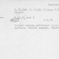 Index card with typed and handwritten information, sometimes including a sketch, of pottery from an excavation.