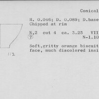 Index card with typed and handwritten information, sometimes including a sketch, of pottery from an excavation.