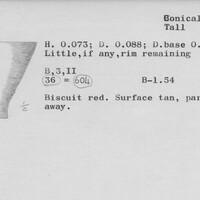 Index card with typed and handwritten information, sometimes including a sketch, of pottery from an excavation.