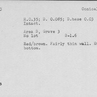 Index card with typed and handwritten information, sometimes including a sketch, of pottery from an excavation.