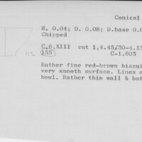Index card with typed and handwritten information, sometimes including a sketch, of pottery from an excavation.