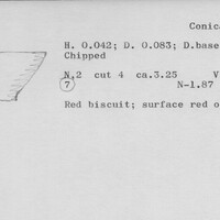 Index card with typed and handwritten information, sometimes including a sketch, of pottery from an excavation.