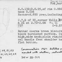 Index card with typed and handwritten information, sometimes including a sketch, of pottery from an excavation.