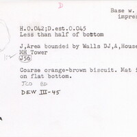 Index card with typed and handwritten information, sometimes including a sketch, of pottery from an excavation.