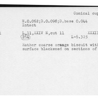 Index card with typed and handwritten information, sometimes including a sketch, of pottery from an excavation.