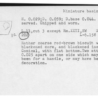Index card with typed and handwritten information, sometimes including a sketch, of pottery from an excavation.