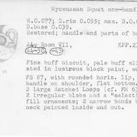 Index card with typed and handwritten information, sometimes including a sketch, of pottery from an excavation.
