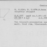 Index card with typed and handwritten information, sometimes including a sketch, of pottery from an excavation.