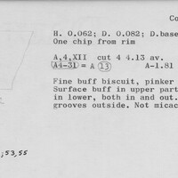 Index card with typed and handwritten information, sometimes including a sketch, of pottery from an excavation.