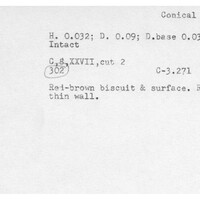 Index card with typed and handwritten information, sometimes including a sketch, of pottery from an excavation.