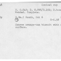 Index card with typed and handwritten information, sometimes including a sketch, of pottery from an excavation.