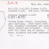 Index card with typed and handwritten information, sometimes including a sketch, of pottery from an excavation.