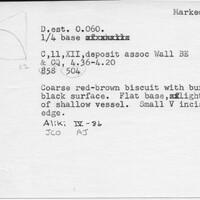 Index card with typed and handwritten information, sometimes including a sketch, of pottery from an excavation.