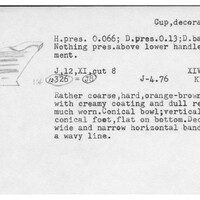 Index card with typed and handwritten information, sometimes including a sketch, of pottery from an excavation.