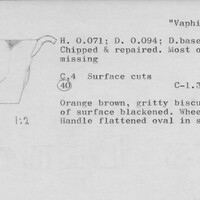 Index card with typed and handwritten information, sometimes including a sketch, of pottery from an excavation.