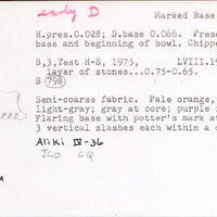 Index card with typed and handwritten information, sometimes including a sketch, of pottery from an excavation.