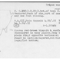Index card with typed and handwritten information, sometimes including a sketch, of pottery from an excavation.