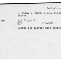 Index card with typed and handwritten information, sometimes including a sketch, of pottery from an excavation.