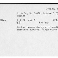 Index card with typed and handwritten information, sometimes including a sketch, of pottery from an excavation.