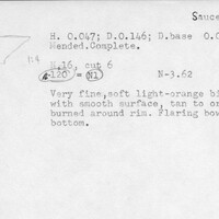 Index card with typed and handwritten information, sometimes including a sketch, of pottery from an excavation.