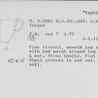 Index card with typed and handwritten information, sometimes including a sketch, of pottery from an excavation.