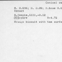 Index card with typed and handwritten information, sometimes including a sketch, of pottery from an excavation.