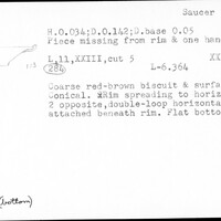 Index card with typed and handwritten information, sometimes including a sketch, of pottery from an excavation.