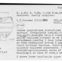 Index card with typed and handwritten information, sometimes including a sketch, of pottery from an excavation.