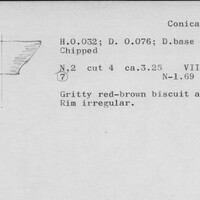 Index card with typed and handwritten information, sometimes including a sketch, of pottery from an excavation.