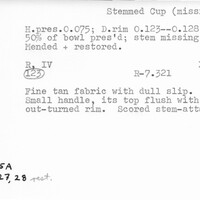 Index card with typed and handwritten information, sometimes including a sketch, of pottery from an excavation.