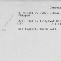 Index card with typed and handwritten information, sometimes including a sketch, of pottery from an excavation.