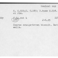 Index card with typed and handwritten information, sometimes including a sketch, of pottery from an excavation.