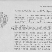 Index card with typed and handwritten information, sometimes including a sketch, of pottery from an excavation.