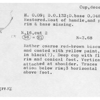 Index card with typed and handwritten information, sometimes including a sketch, of pottery from an excavation.