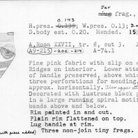 Index card with typed and handwritten information, sometimes including a sketch, of pottery from an excavation.