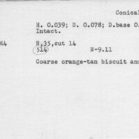 Index card with typed and handwritten information, sometimes including a sketch, of pottery from an excavation.