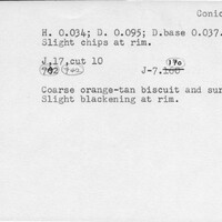 Index card with typed and handwritten information, sometimes including a sketch, of pottery from an excavation.
