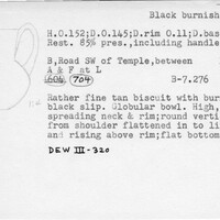 Index card with typed and handwritten information, sometimes including a sketch, of pottery from an excavation.