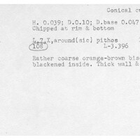 Index card with typed and handwritten information, sometimes including a sketch, of pottery from an excavation.