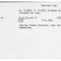 Index card with typed and handwritten information, sometimes including a sketch, of pottery from an excavation.