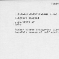 Index card with typed and handwritten information, sometimes including a sketch, of pottery from an excavation.