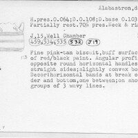 Index card with typed and handwritten information, sometimes including a sketch, of pottery from an excavation.