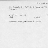 Index card with typed and handwritten information, sometimes including a sketch, of pottery from an excavation.