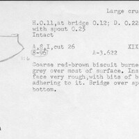 Index card with typed and handwritten information, sometimes including a sketch, of pottery from an excavation.