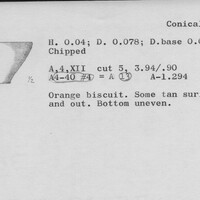 Index card with typed and handwritten information, sometimes including a sketch, of pottery from an excavation.
