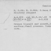 Index card with typed and handwritten information, sometimes including a sketch, of pottery from an excavation.