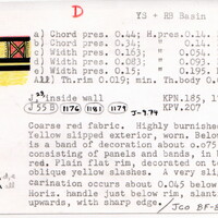 Index card with typed and handwritten information, sometimes including a sketch, of pottery from an excavation.