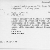 Index card with typed and handwritten information, sometimes including a sketch, of pottery from an excavation.